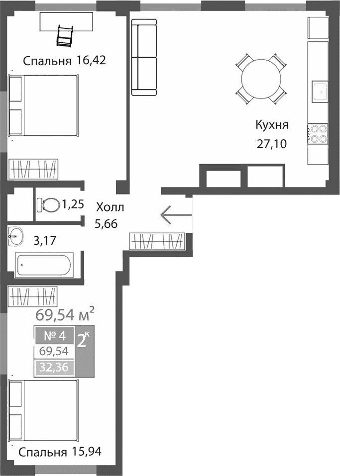2-комн., 69.54 м²