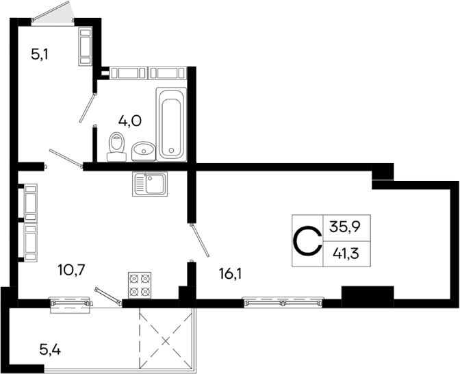 1-комн., 35.9 м²