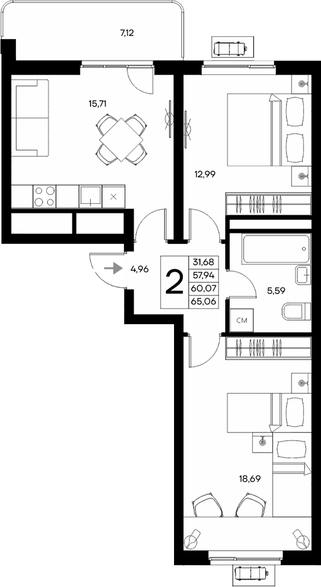 2-комн., 57.94 м²