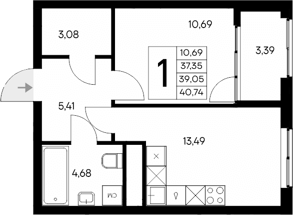1-комн., 37.35 м²