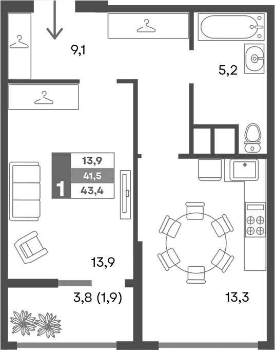 1-комн., 41.5 м²