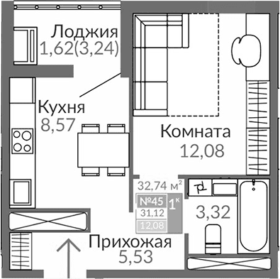 1-комн., 29.5 м²