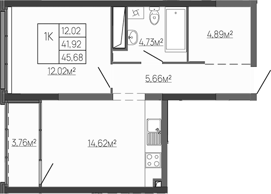 1-комн., 43.66 м²