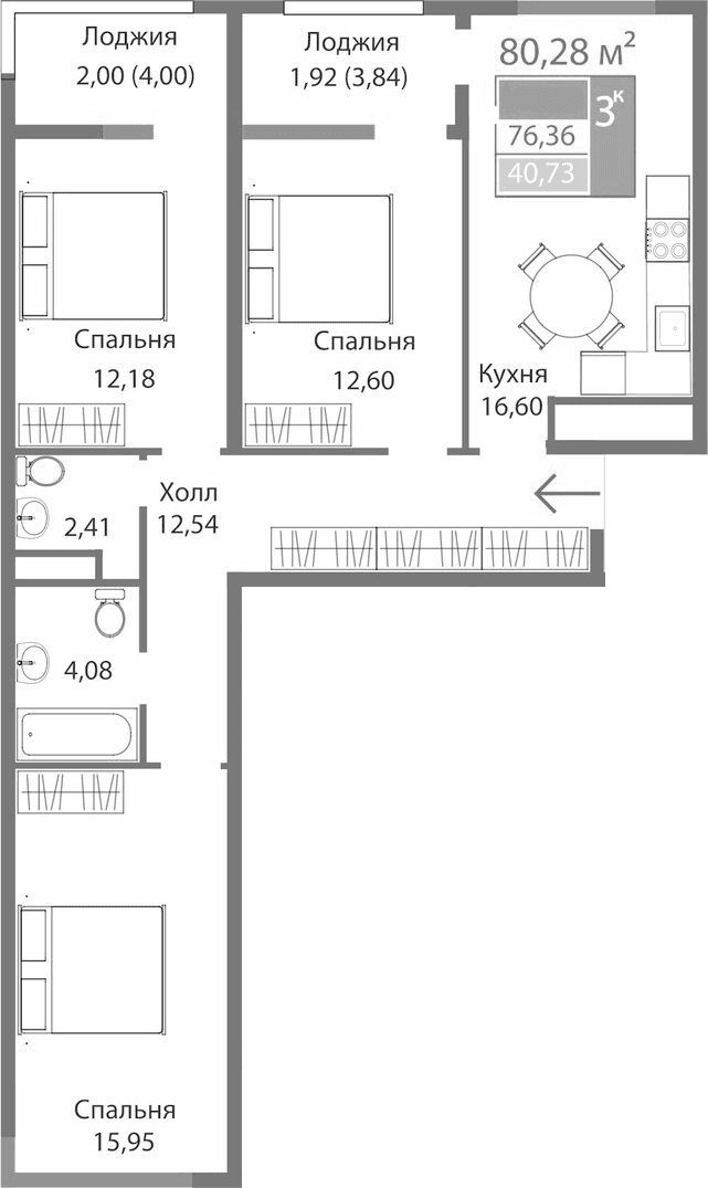 3-комн., 76.36 м²