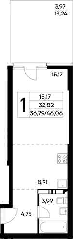 Студия, 42.09 м²