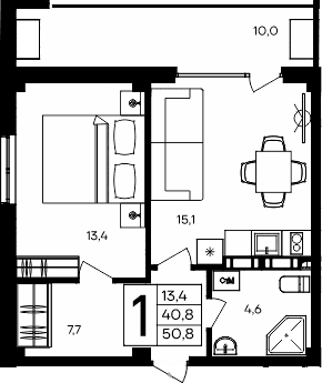 1-комн., 40.8 м²