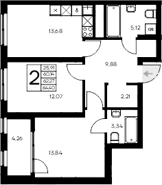 2-комн., 60.14 м²