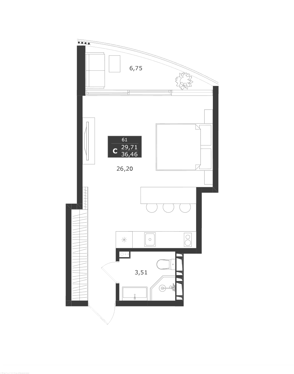 Студия, 29.71 м²