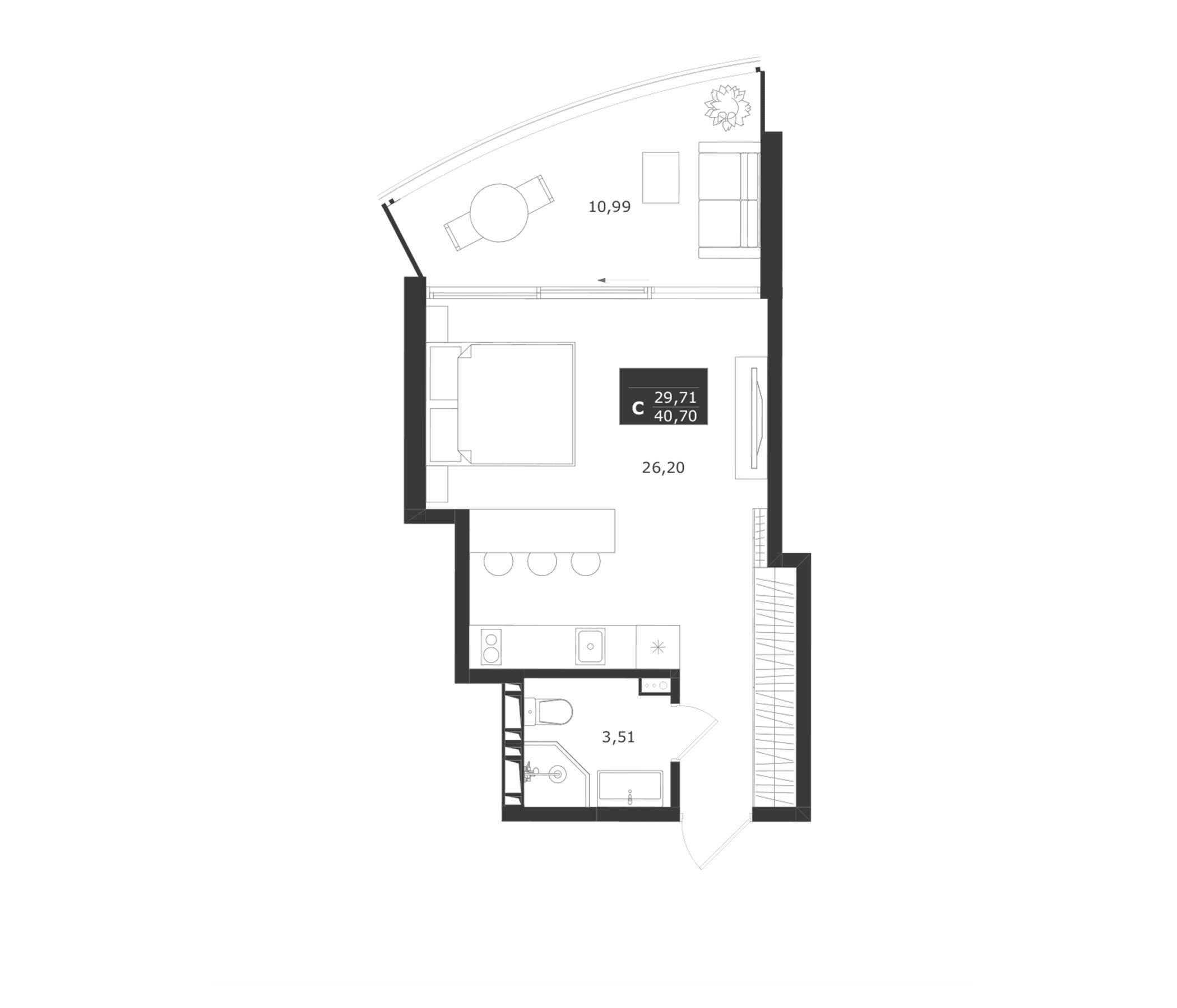 Студия, 29.71 м²