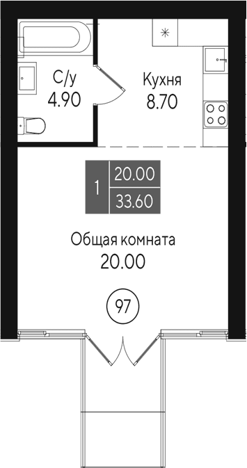 Студия, 33.6 м²