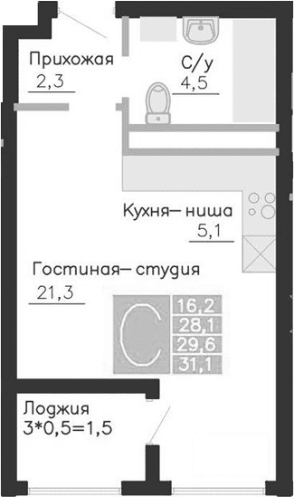 Студия, 28.1 м²