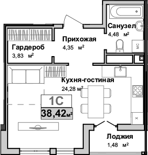 Студия, 35.12 м²