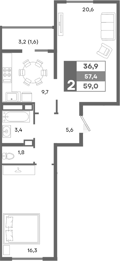 2-комн., 57.4 м²