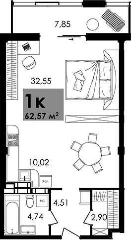 Студия, 54.72 м²