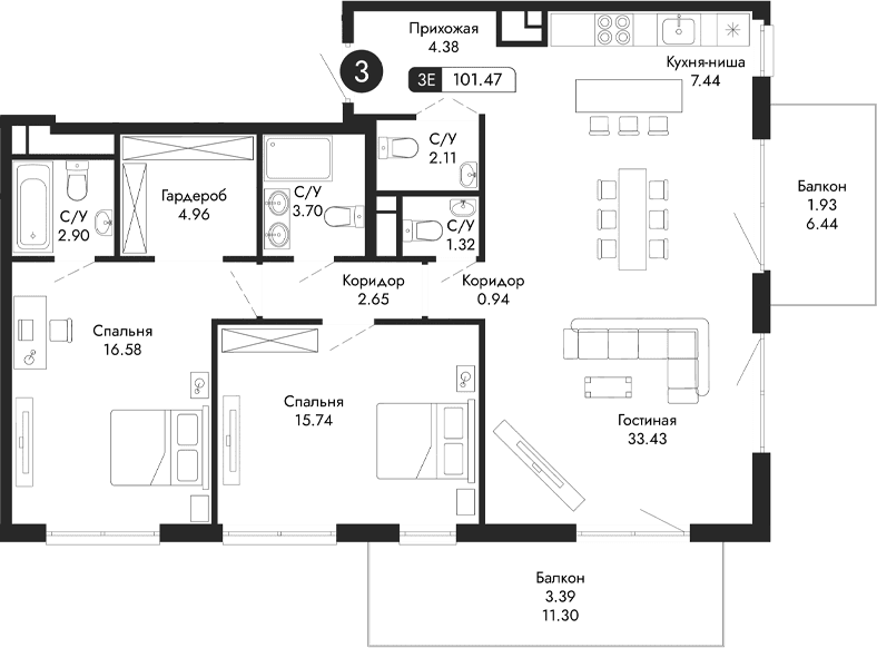 3-комн., 96.15 м²