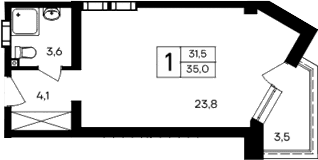 Студия, 31.5 м²