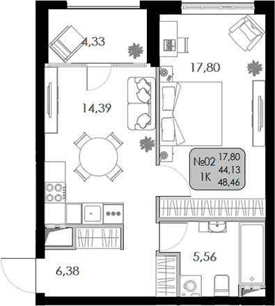 1-комн., 44.13 м²