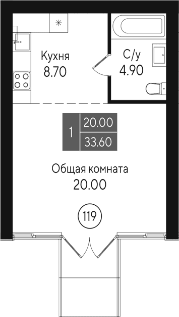 Студия, 33.6 м²