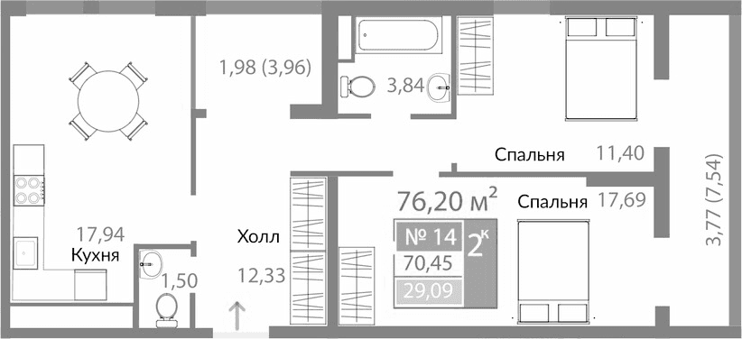 2-комн., 64.7 м²
