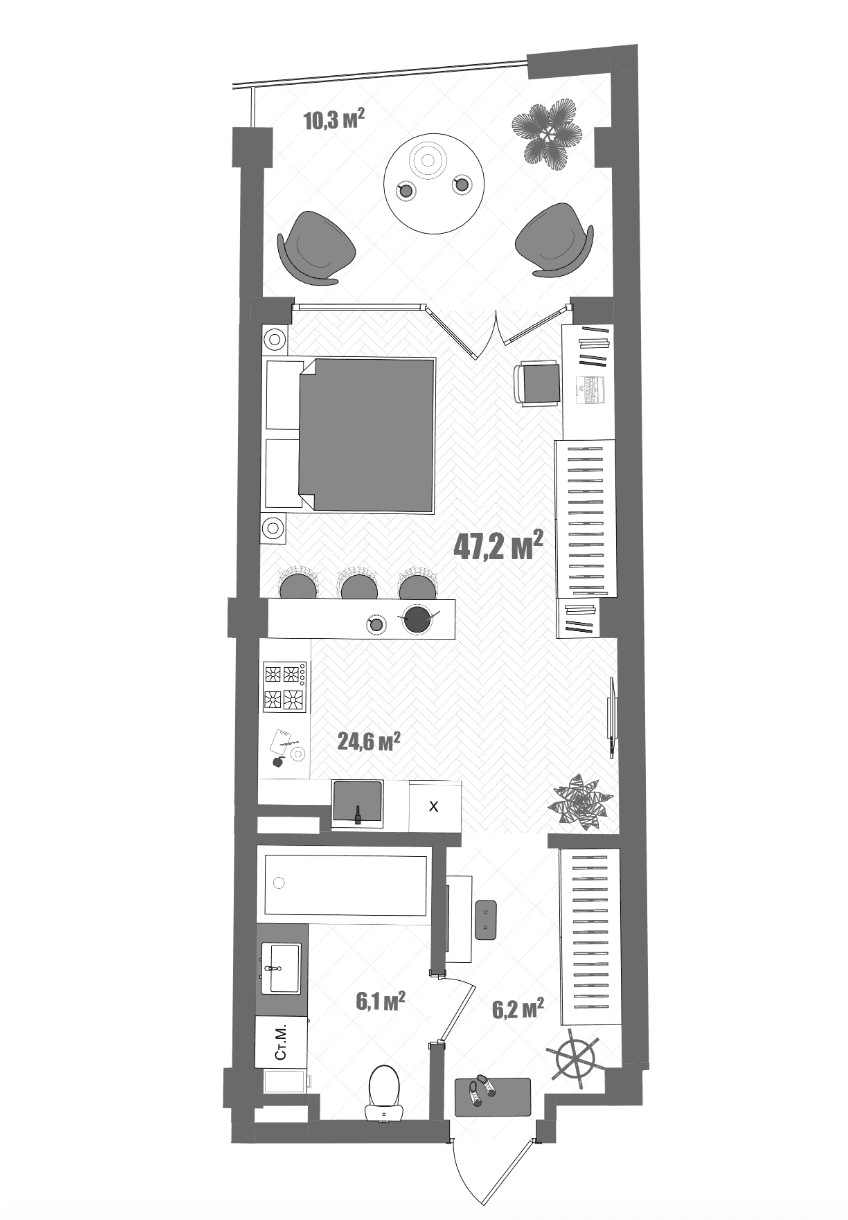 Студия, 36.9 м²