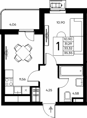 1-комн., 31.29 м²