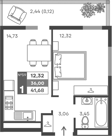 1-комн., 33.56 м²