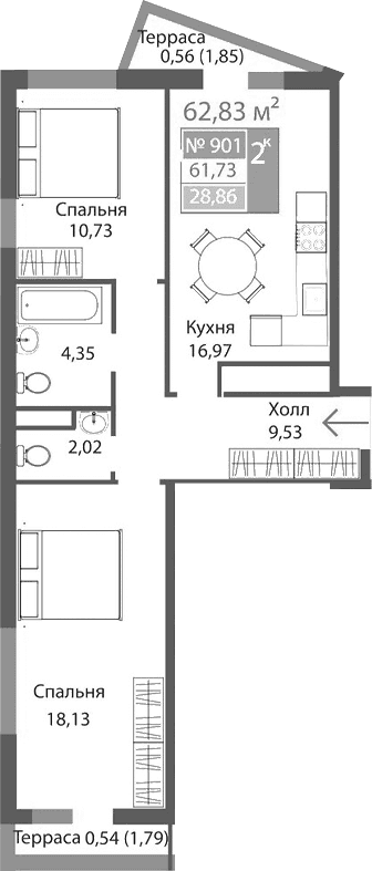 2-комн., 61.73 м²