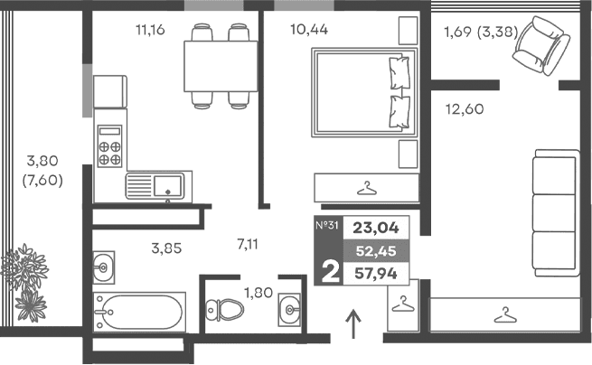 2-комн., 46.96 м²