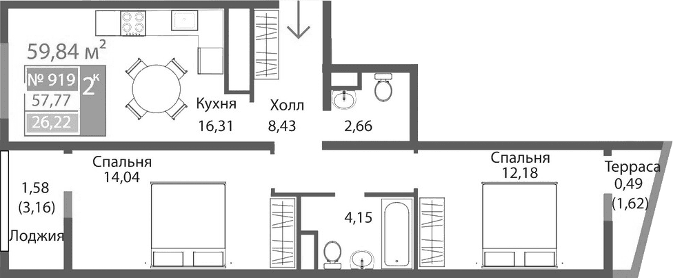 2-комн., 57.77 м²