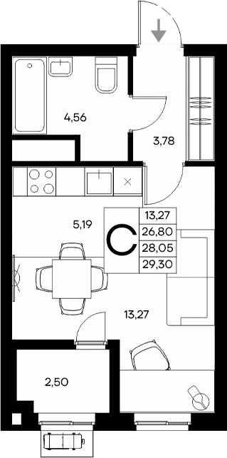 Студия, 26.8 м²