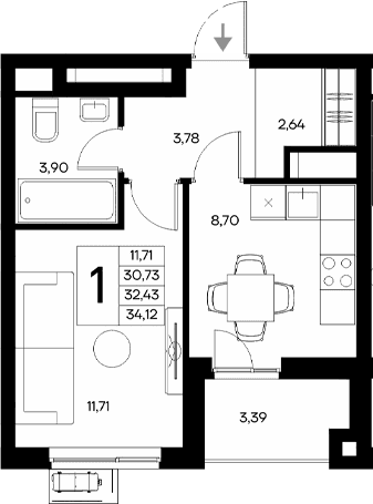 1-комн., 30.73 м²