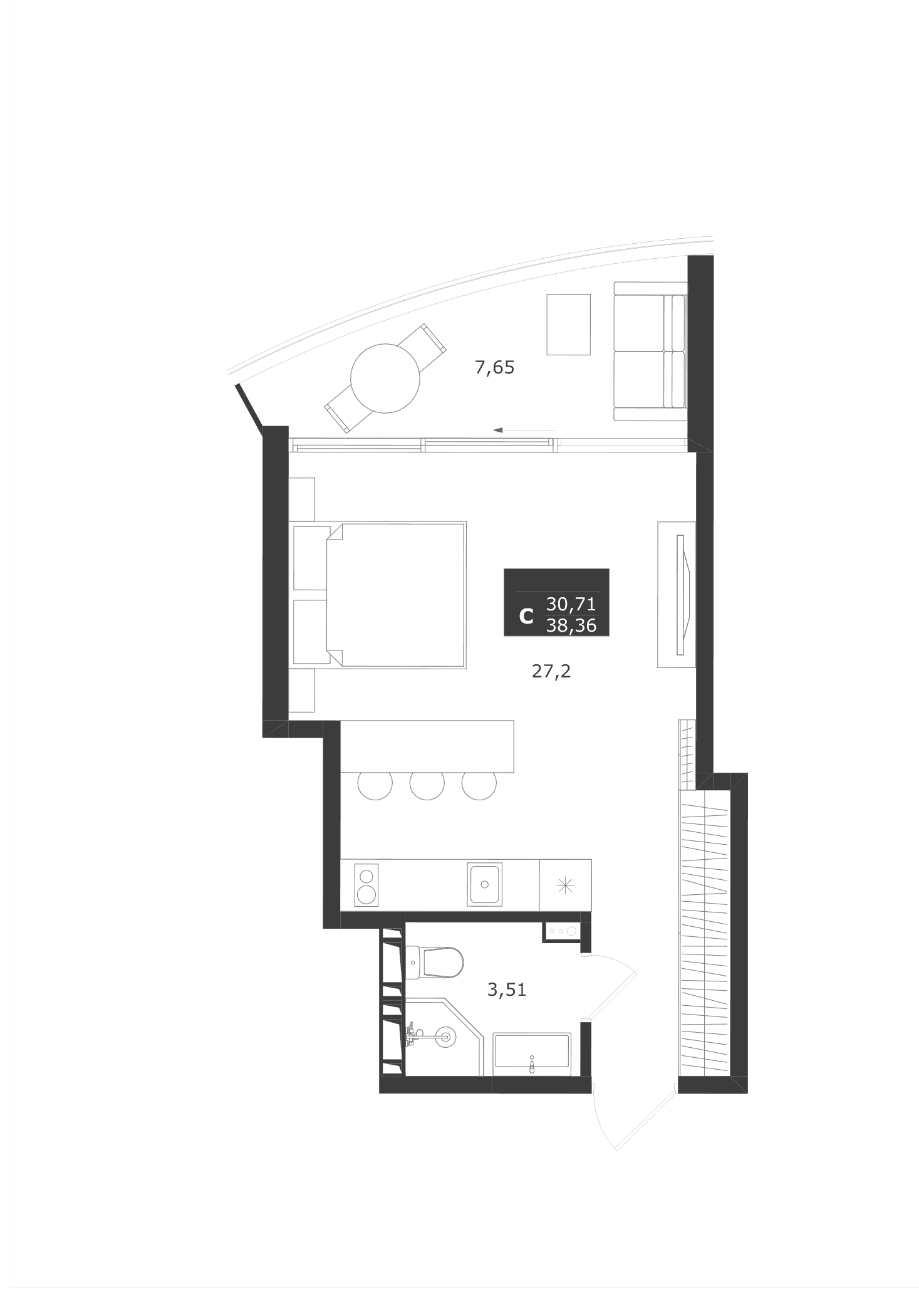 Студия, 30.71 м²