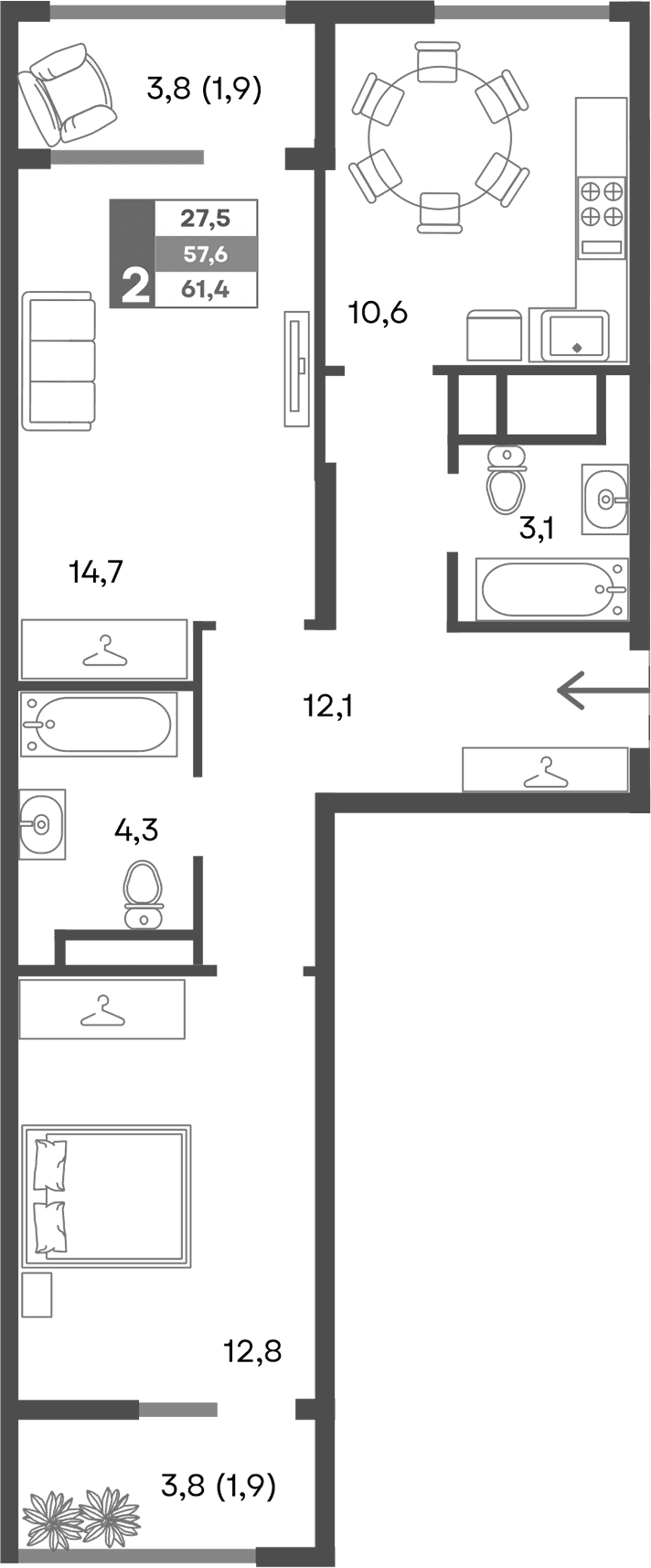 2-комн., 57.6 м²