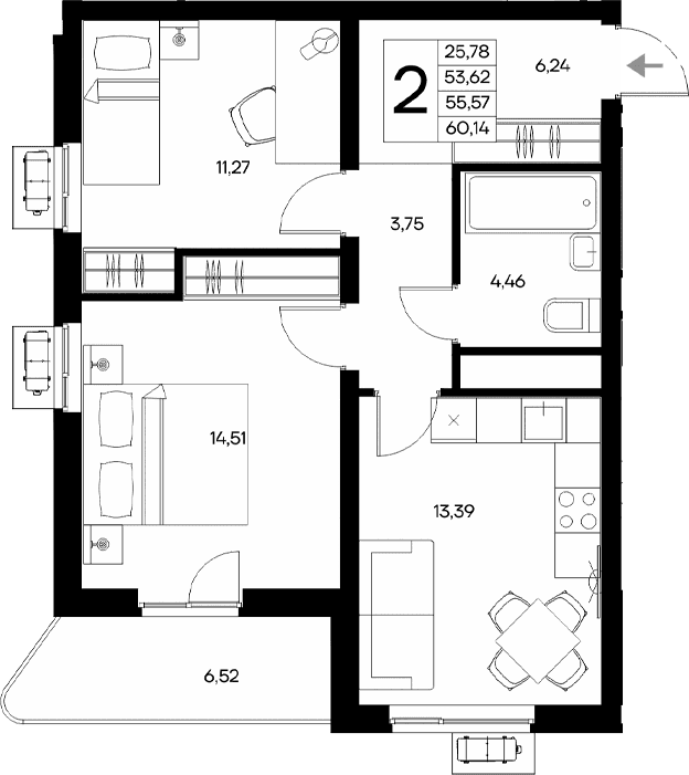 2-комн., 53.62 м²