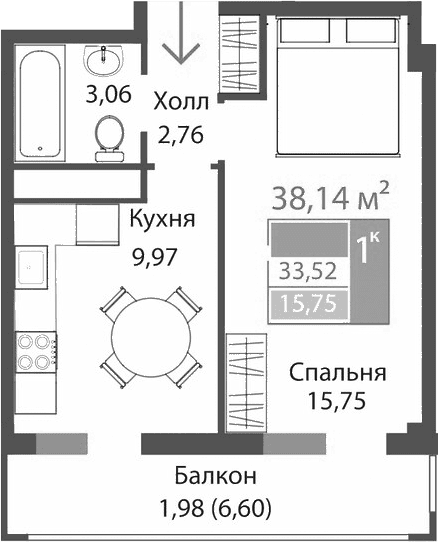 1-комн., 31.54 м²