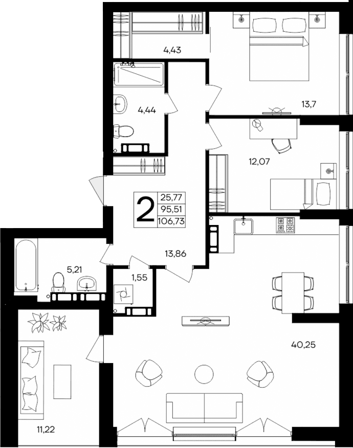 2-комн., 95.51 м²