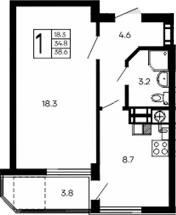 1-комн., 34.8 м²