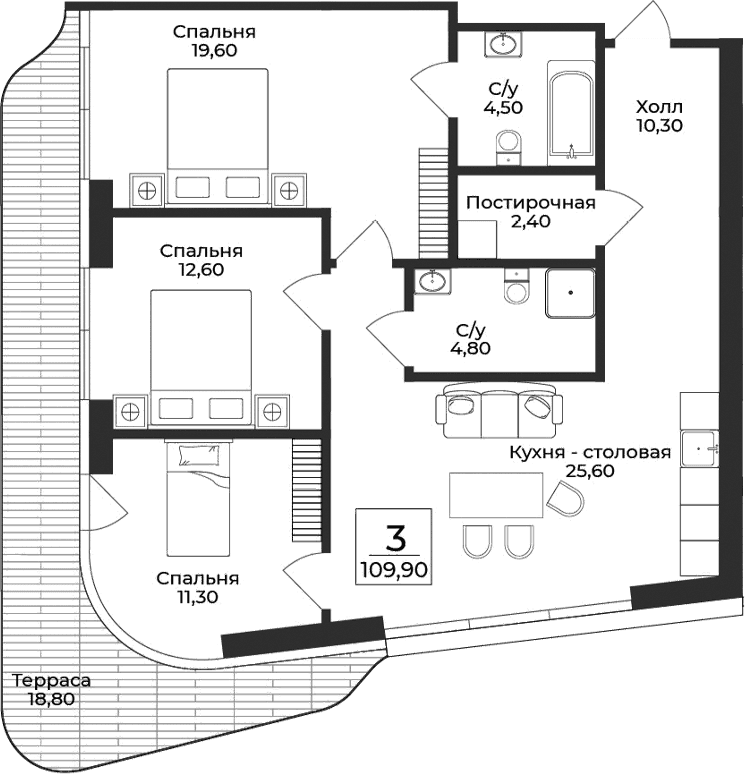 3-комн., 91.1 м²