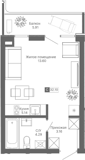 Студия, 26.19 м²