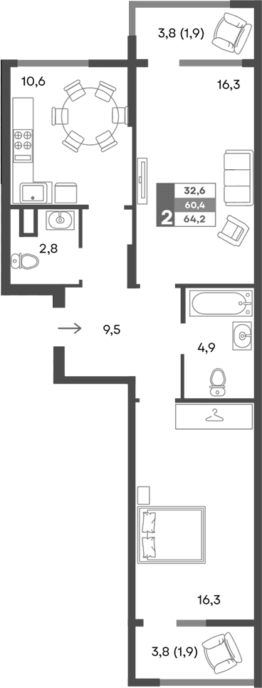 2-комн., 60.4 м²