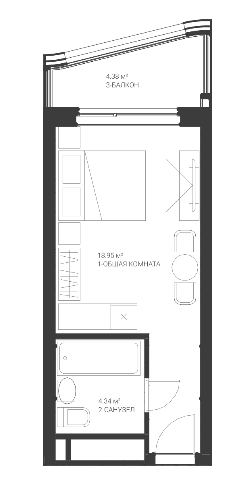 Студия, 23.29 м²
