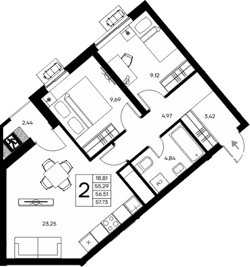 2-комн., 55.29 м²