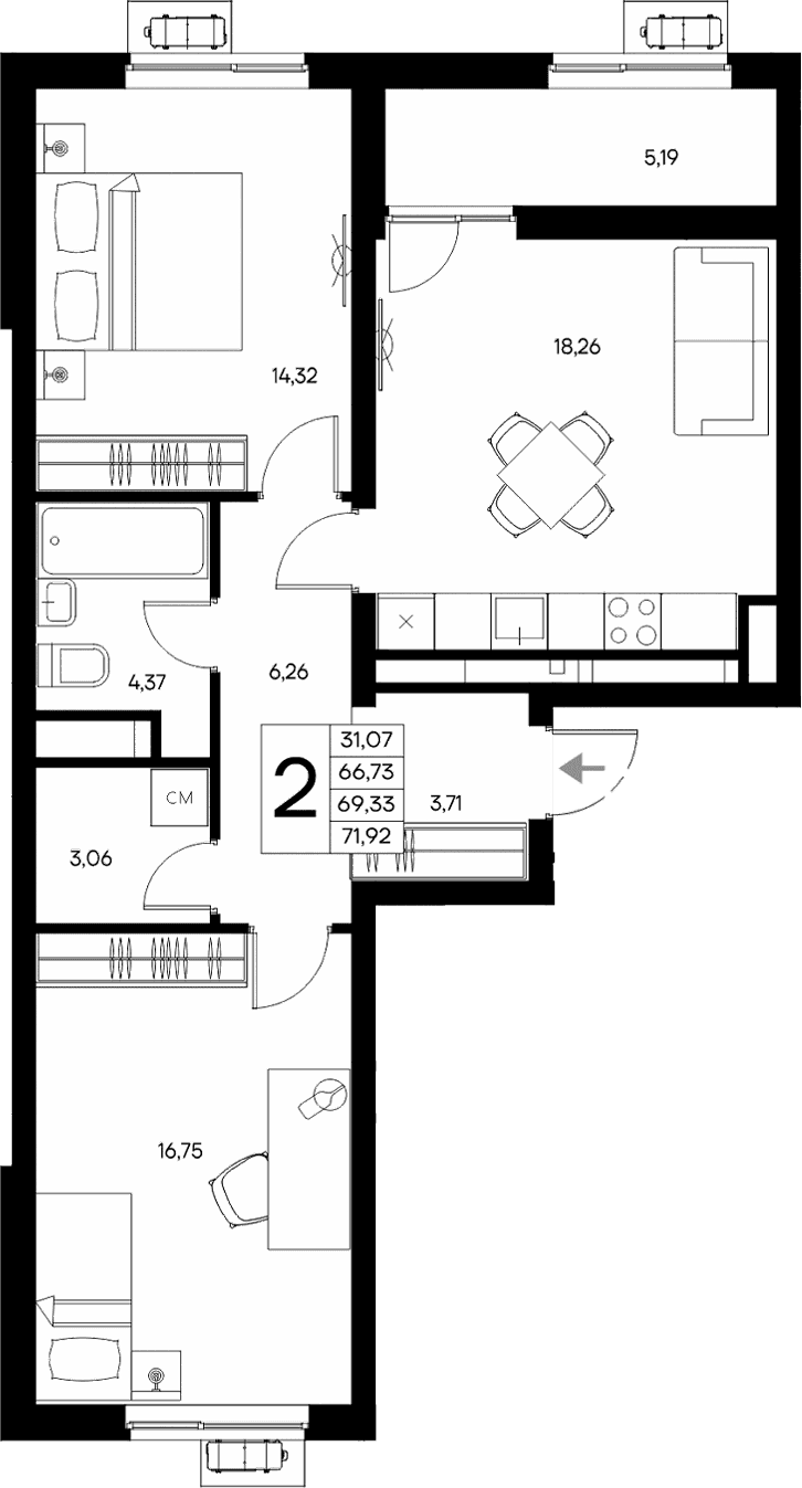2-комн., 66.73 м²