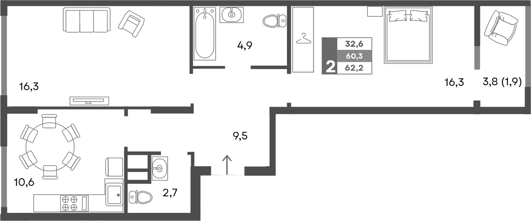 2-комн., 60.3 м²