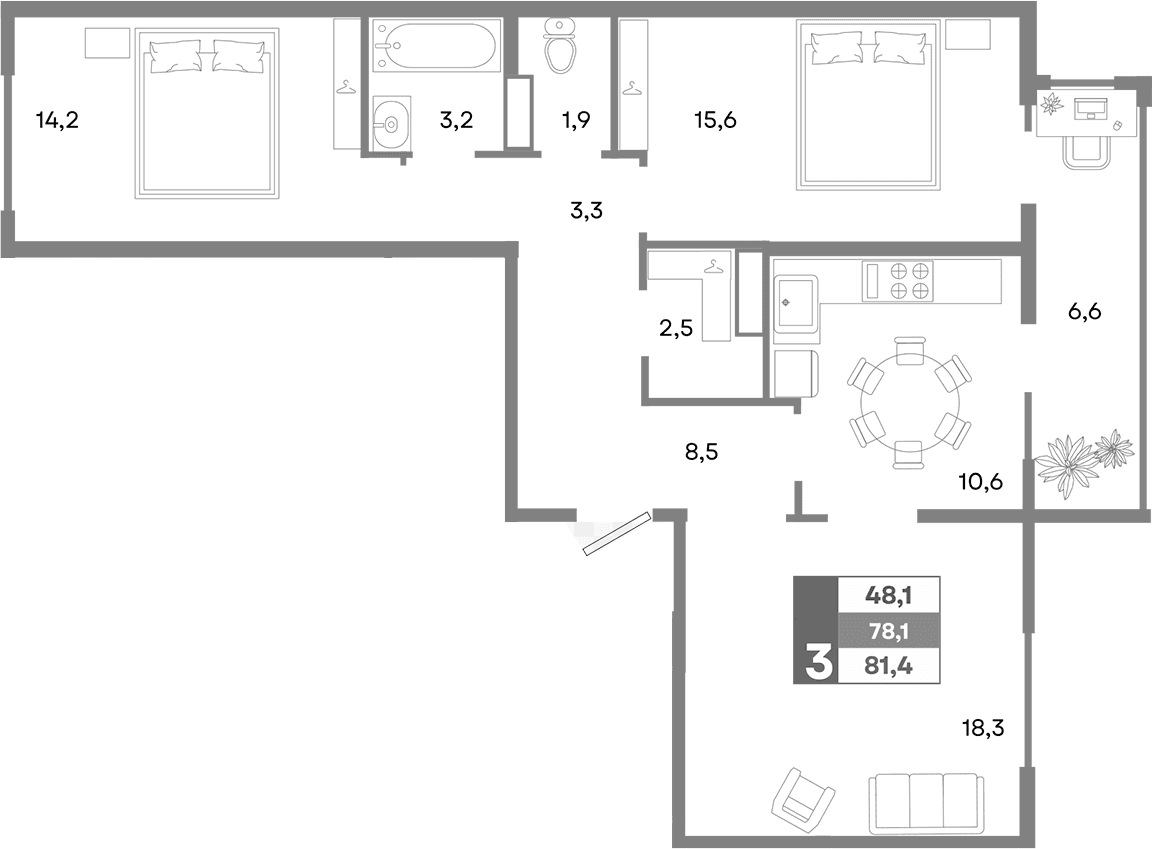 3-комн., 78.1 м²
