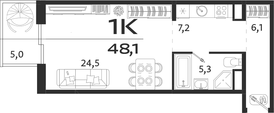 Студия, 43.1 м²