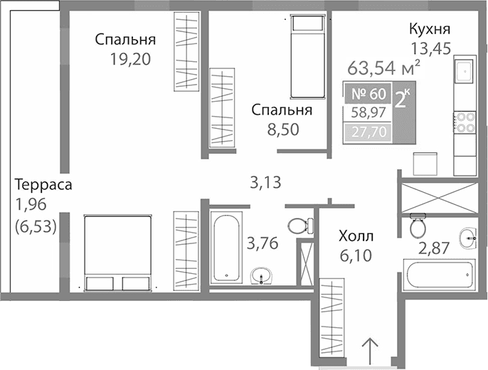 2-комн., 57.01 м²