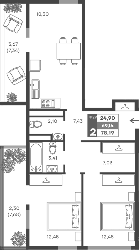 2-комн., 63.17 м²
