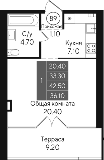 Студия, 33.3 м²