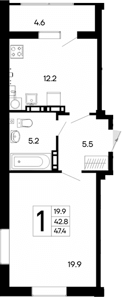 1-комн., 42.8 м²